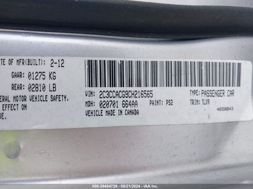 2012 Chrysler 300 Limited VIN: 2C3CCACG9CH216565 Lot: 39484729