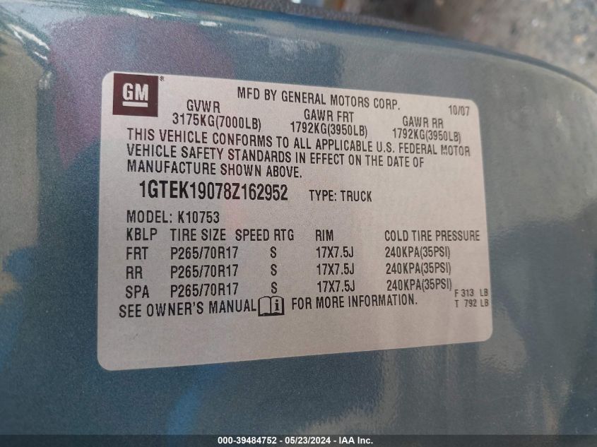2008 GMC Sierra 1500 Sle2 VIN: 1GTEK19078Z162952 Lot: 39484752