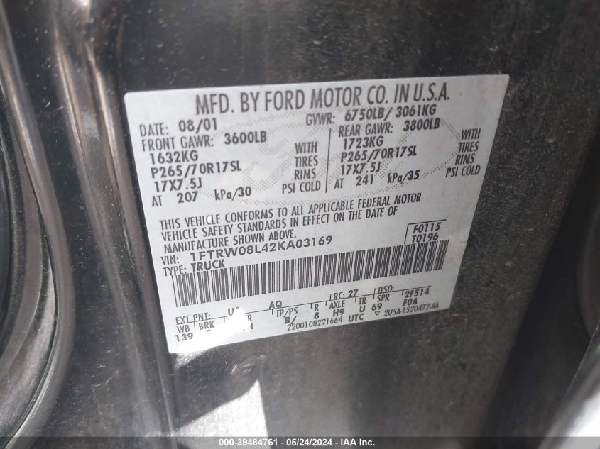 2002 Ford F-150 Lariat/Xlt VIN: 1FTRW08L42KA03169 Lot: 39484761