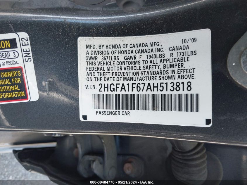 2010 Honda Civic Sdn Lx-S VIN: 2HGFA1F67AH513818 Lot: 39484770