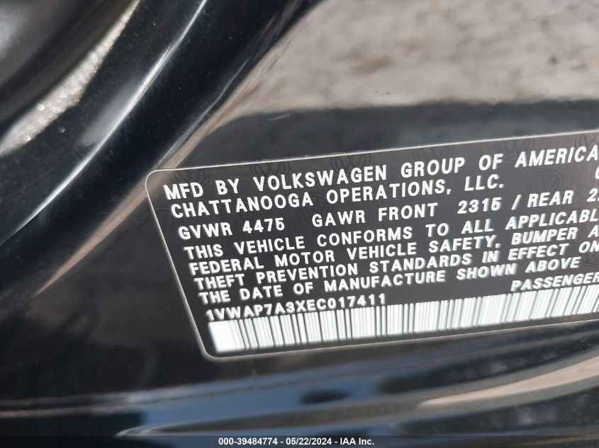 2014 Volkswagen Passat 2.5L Wolfsburg Edition VIN: 1VWAP7A3XEC017411 Lot: 39484774
