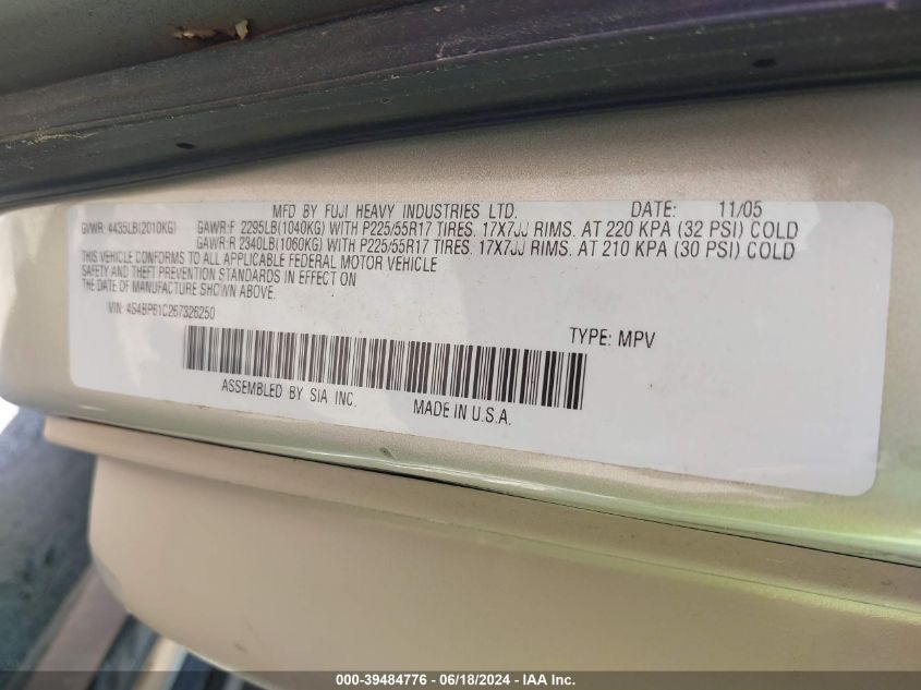 2006 Subaru Outback 2.5I VIN: 4S4BP61C267326250 Lot: 39484776