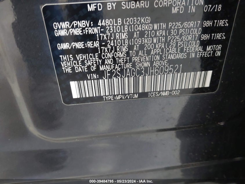 2018 Subaru Forester 2.5I Premium VIN: JF2SJAGC3JH609521 Lot: 39484795