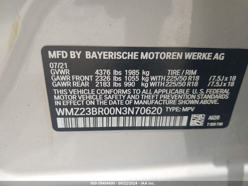 2022 Mini Countryman Cooper VIN: WMZ23BR00N3N70620 Lot: 39484800