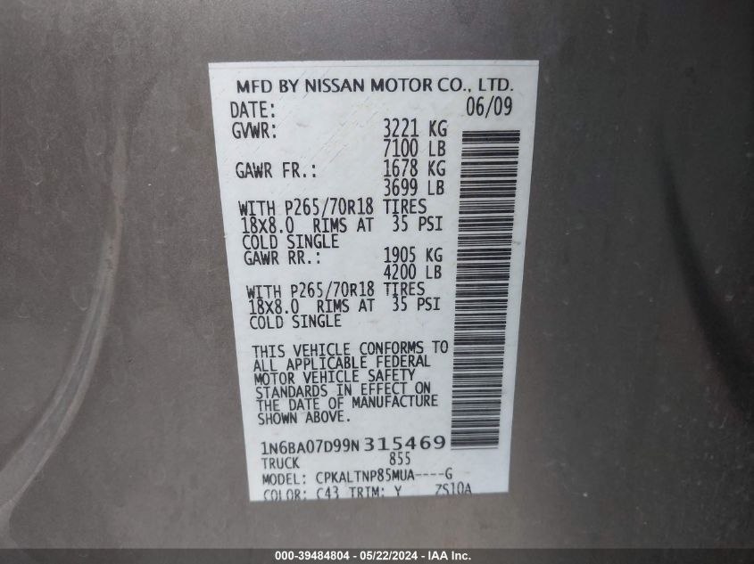 2009 Nissan Titan Se VIN: 1N6BA07D99N315469 Lot: 39484804