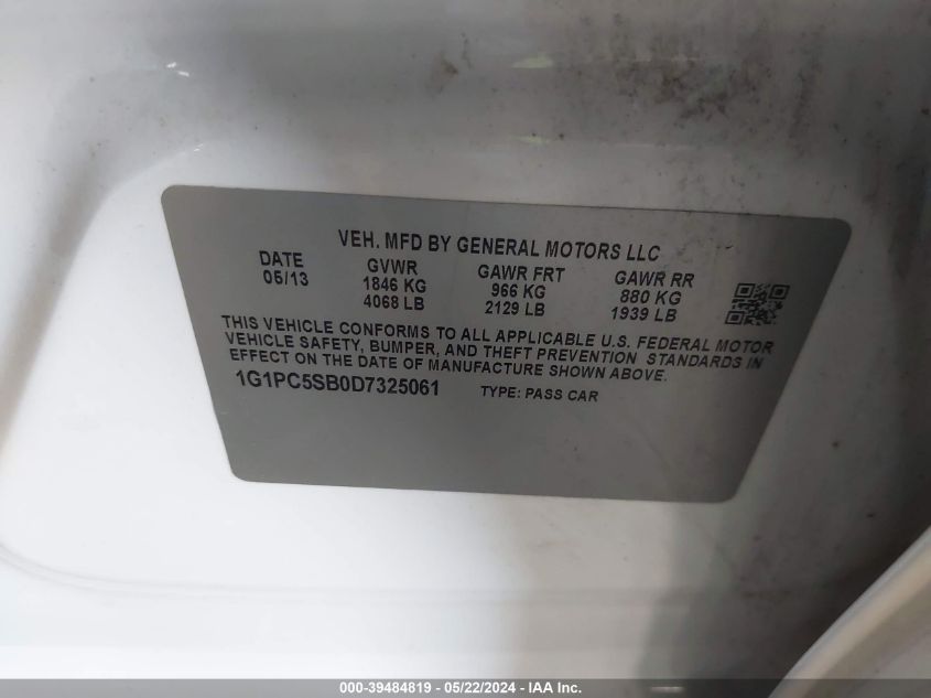 2013 Chevrolet Cruze 1Lt Auto VIN: 1G1PC5SB0D7325061 Lot: 39484819
