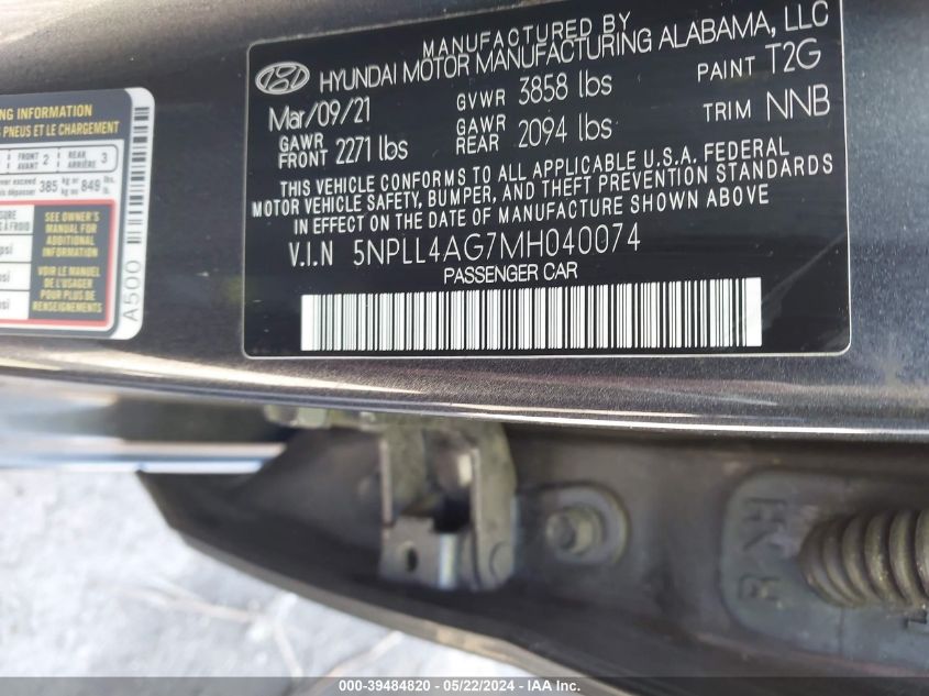 2021 Hyundai Elantra Se VIN: 5NPLL4AG7MH040074 Lot: 39484820