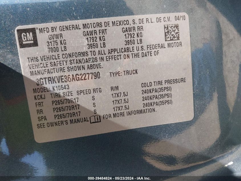 2010 GMC Sierra 1500 Sle VIN: 3GTRKVE36AG227790 Lot: 39484824
