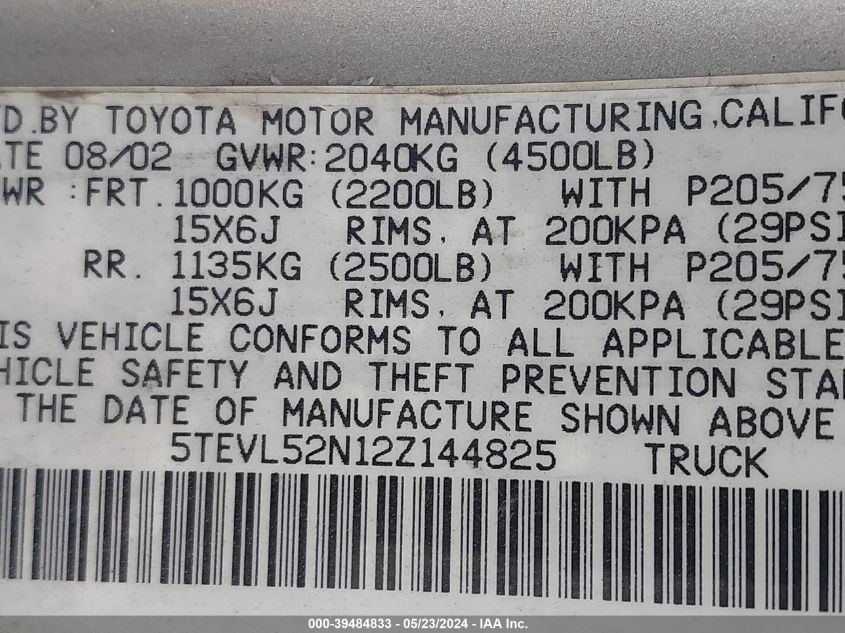 2002 Toyota Tacoma VIN: 5TEVL52N12Z144825 Lot: 39484833