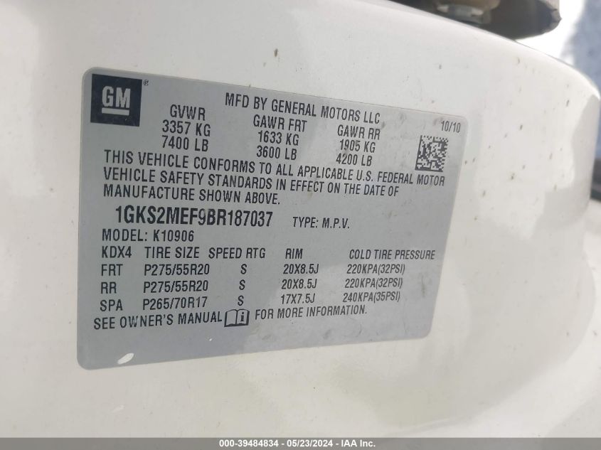 2011 GMC Yukon Xl 1500 Denali VIN: 1GKS2MEF9BR187037 Lot: 39484834