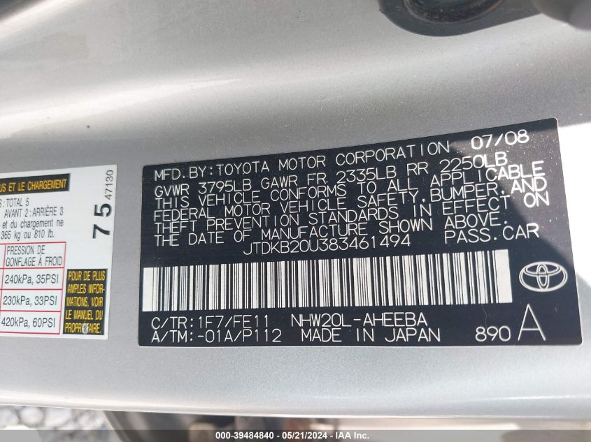 2008 Toyota Prius VIN: JTDKB20U383461494 Lot: 39484840