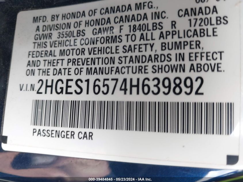 2004 Honda Civic Lx VIN: 2HGES16574H639892 Lot: 39484845