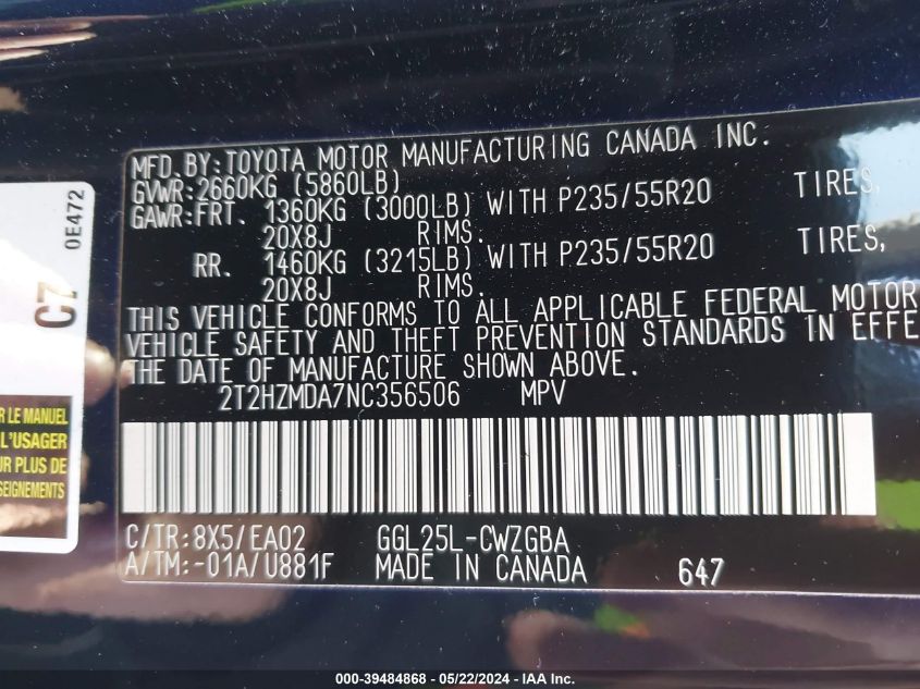 2022 Lexus Rx 350 VIN: 2T2HZMDA7NC356506 Lot: 39484868