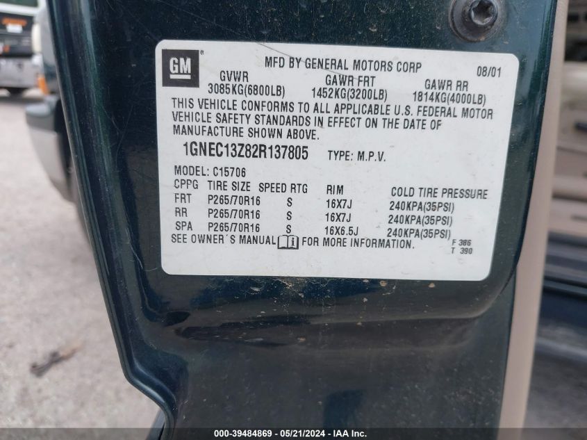 2002 Chevrolet Tahoe Lt VIN: 1GNEC13Z82R137805 Lot: 39484869