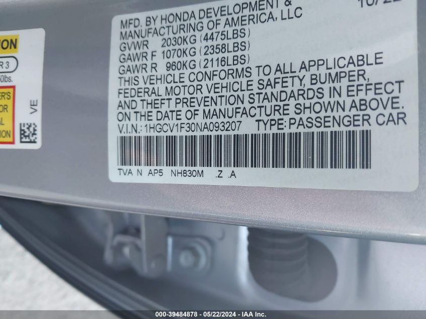 2022 Honda Accord Sport VIN: 1HGCV1F30NA093207 Lot: 39484878