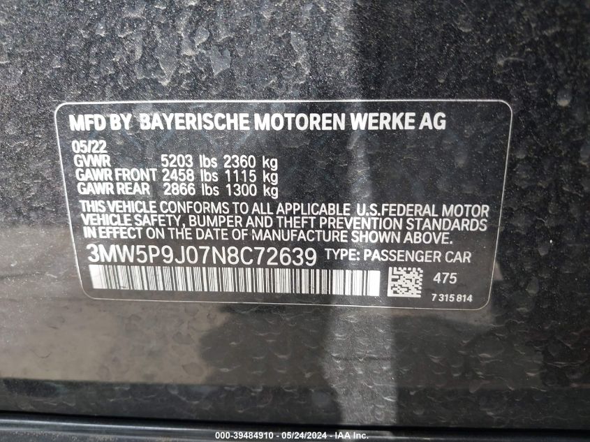 2022 BMW 3 Series 330E xDrive VIN: 3MW5P9J07N8C72639 Lot: 39484910