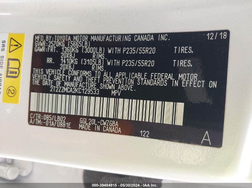 2019 Lexus Rx 350 VIN: 2T2ZZMCA2KC129533 Lot: 39484915