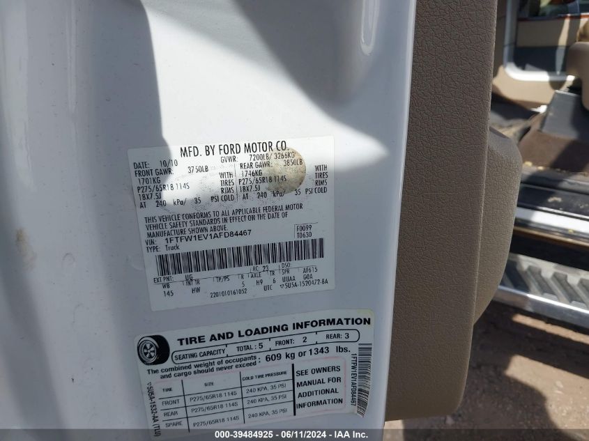 2010 Ford F-150 Fx4/Harley-Davidson/King Ranch/Lariat/Platinum/Xl/Xlt VIN: 1FTFW1EV1AFD84467 Lot: 39484925