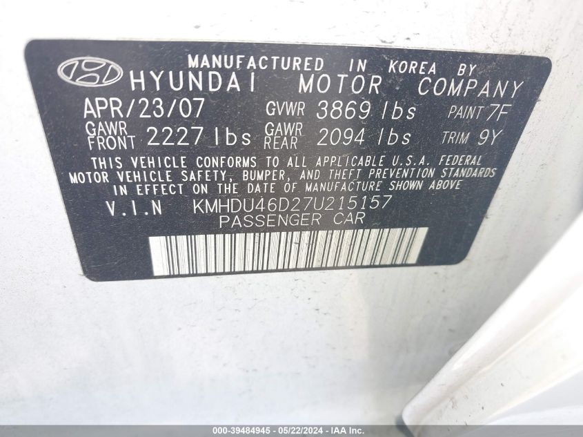 2007 Hyundai Elantra Gls/Limited/Se VIN: KMHDU46D27U215157 Lot: 39484945