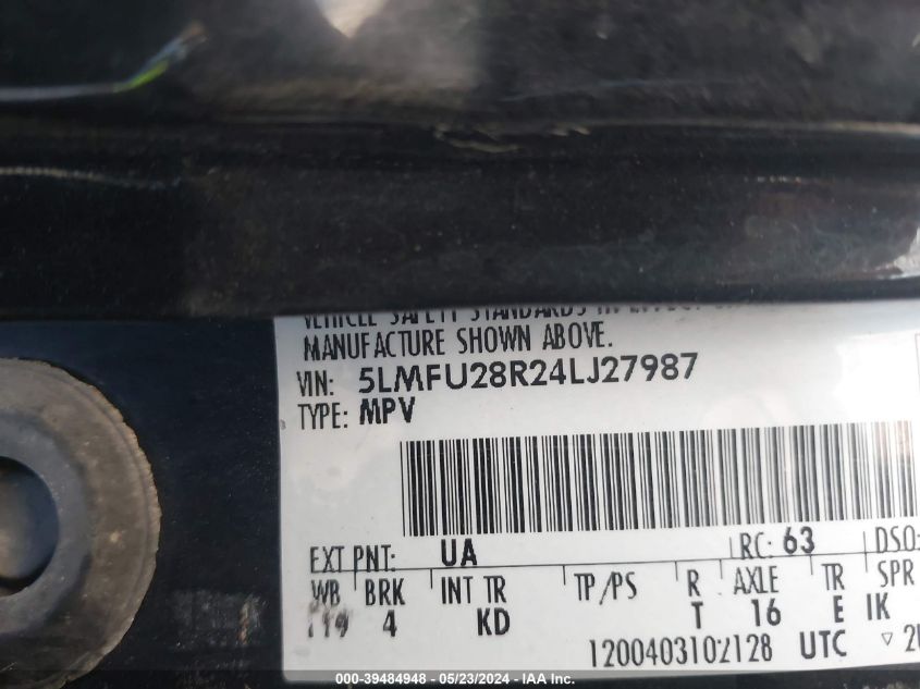 2004 Lincoln Navigator VIN: 5LMFU28R24LJ27987 Lot: 39484948