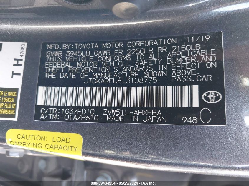 2020 Toyota Prius Le VIN: JTDKARFU6L3108775 Lot: 39484954