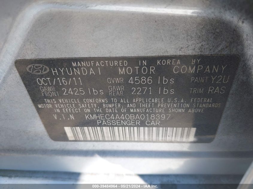 2011 Hyundai Sonata Hybrid VIN: KMHEC4A40BA018397 Lot: 39484964