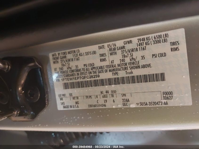 2016 Ford F-150 Xlt VIN: 1FTEW1EP7GFC28259 Lot: 39484968