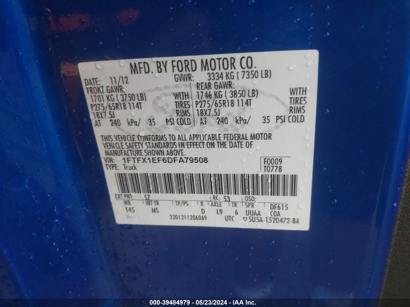 2013 Ford F-150 Xlt VIN: 1FTFX1EF6DFA79508 Lot: 39484979