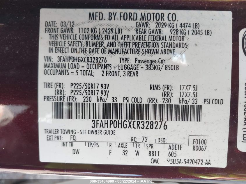 2012 Ford Fusion Se VIN: 3FAHP0HGXCR328276 Lot: 39484980