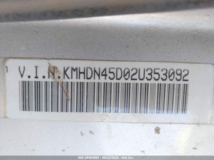 2002 Hyundai Elantra Gls VIN: KMHDN45D02U353092 Lot: 39484993