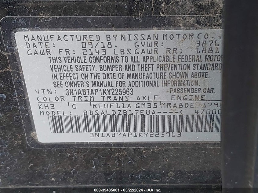 VIN 3N1AB7AP1KY225963 2019 NISSAN SENTRA SV