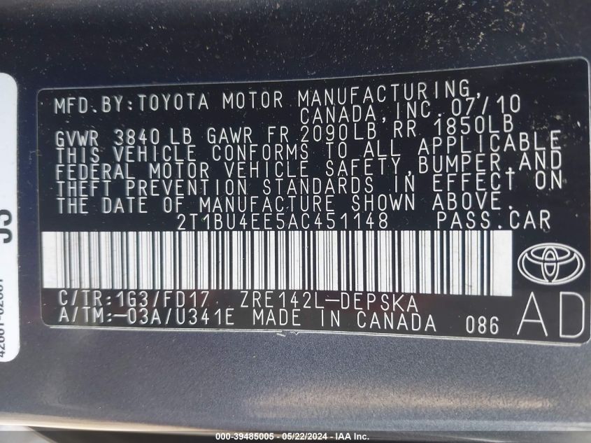 2010 Toyota Corolla S VIN: 2T1BU4EE5AC451148 Lot: 39485005