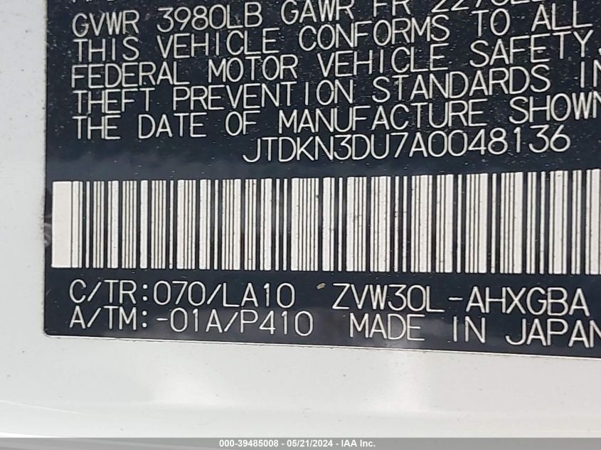 2010 Toyota Prius Iv VIN: JTDKN3DU7A0048136 Lot: 39485008