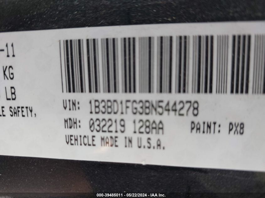 2011 Dodge Avenger Mainstreet VIN: 1B3BD1FG3BN544278 Lot: 39485011