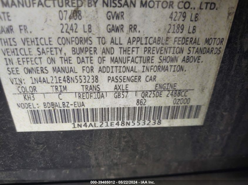 2008 Nissan Altima 2.5 S VIN: 1N4AL21E48N553238 Lot: 39485012