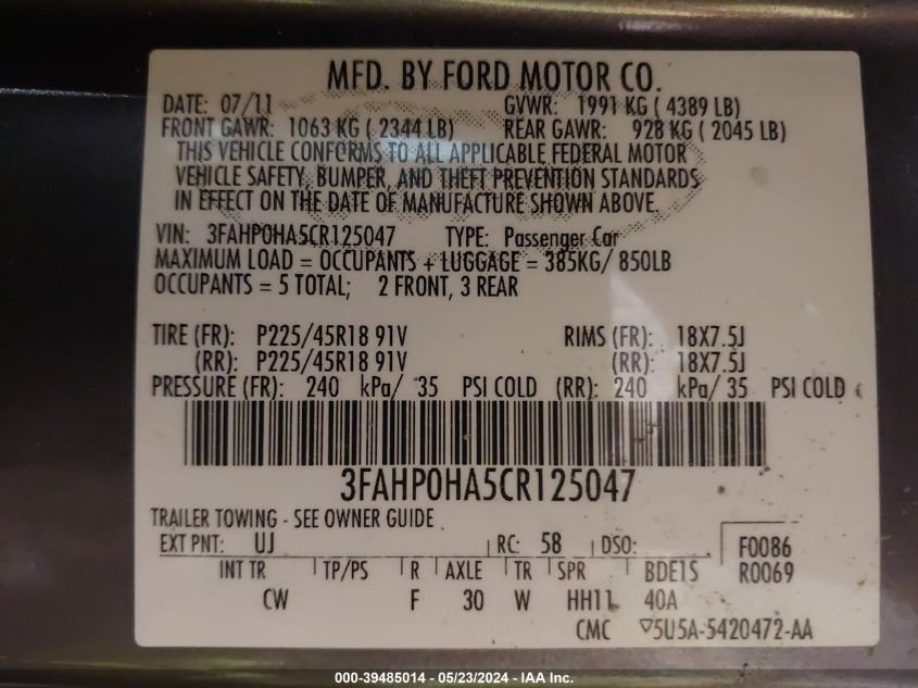 2012 Ford Fusion Se VIN: 3FAHP0HA5CR125047 Lot: 39485014