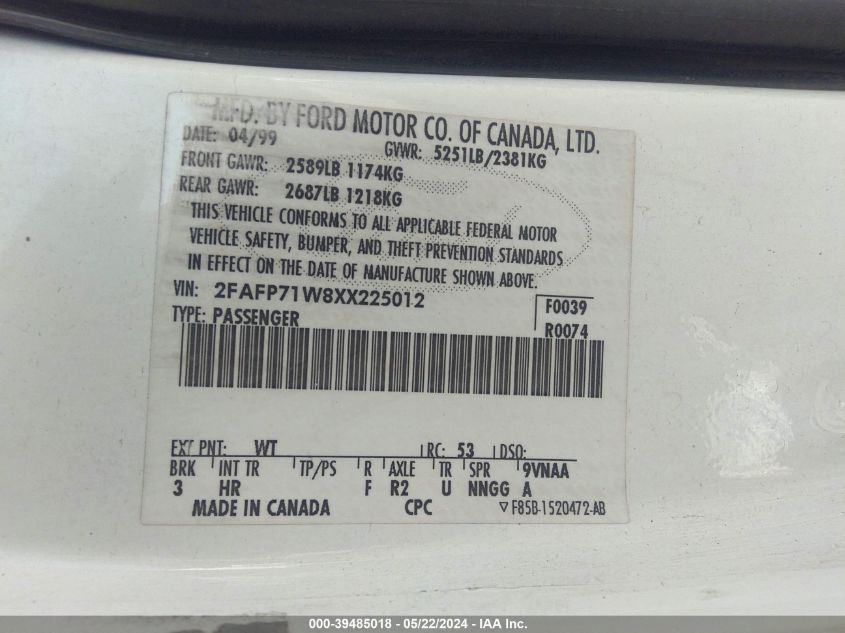 1999 Ford Crown Victoria Police Interceptor VIN: 2FAFP71W8XX225012 Lot: 39485018