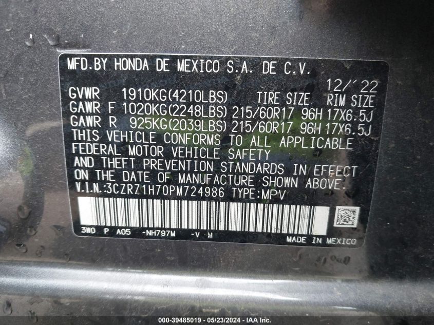 2023 Honda Hr-V 2Wd Ex-L VIN: 3CZRZ1H70PM724986 Lot: 39485019