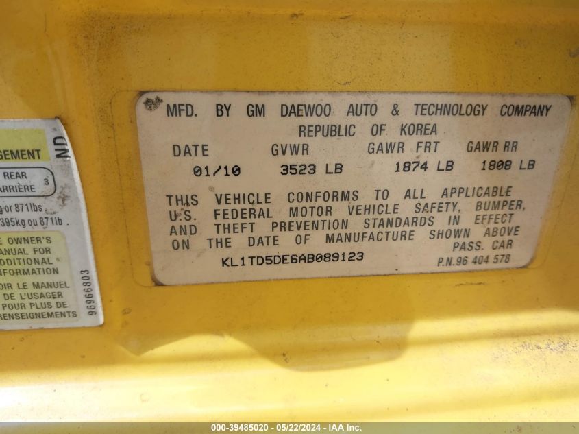 2010 Chevrolet Aveo Lt VIN: KL1TD5DE6AB089123 Lot: 39485020
