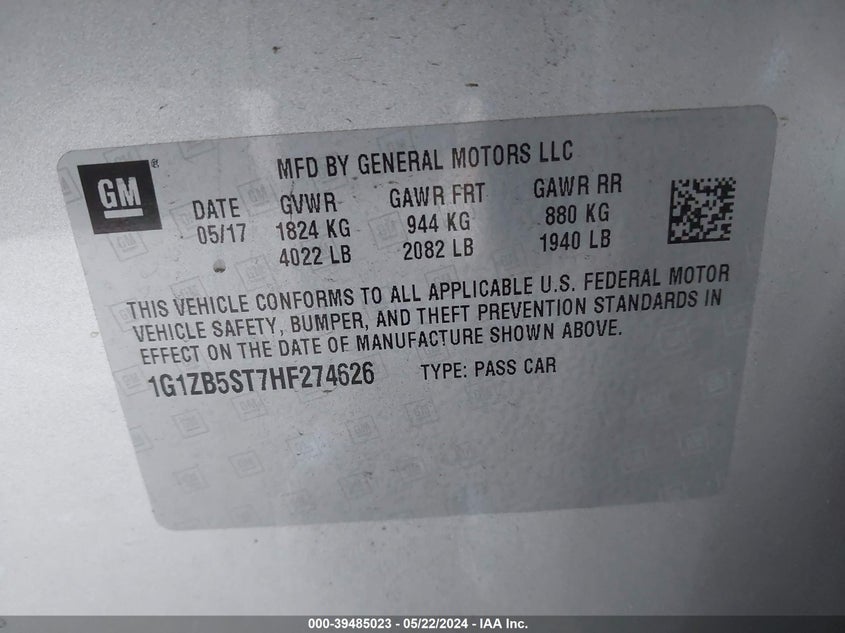 2017 Chevrolet Malibu Ls VIN: 1G1ZB5ST7HF274626 Lot: 39485023