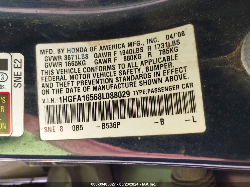 2008 Honda Civic Lx VIN: 1HGFA16568L088029 Lot: 39485027