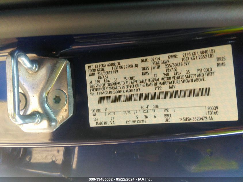 2015 Ford Escape Se VIN: 1FMCU9G99FUA05107 Lot: 39485032