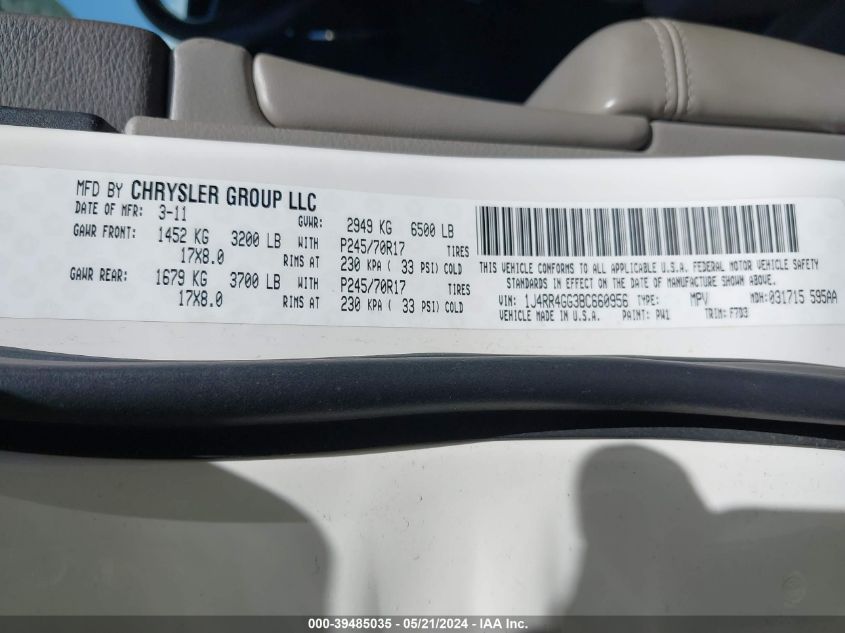 2011 Jeep Grand Cherokee Laredo VIN: 1J4RR4GG3BC660956 Lot: 39485035