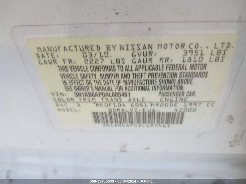 2010 Nissan Sentra 2.0Sl VIN: 3N1AB6AP0AL685461 Lot: 39485039