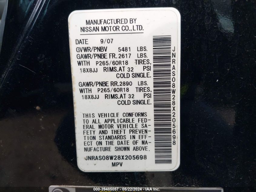 2008 Infiniti Fx35 VIN: JNRAS08W28X205698 Lot: 39485057