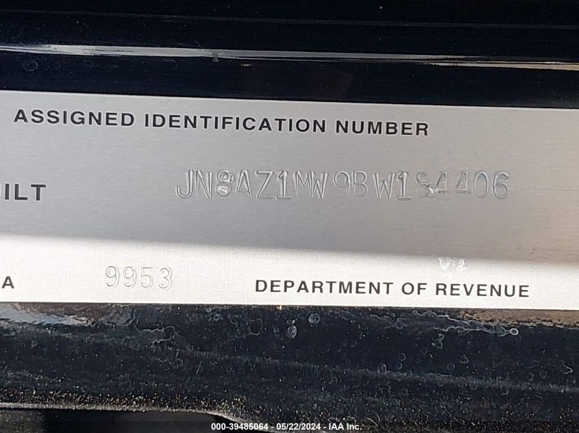 2011 Nissan Murano Sv VIN: JN8AZ1MW9BW184406 Lot: 39485064