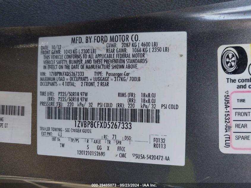 2013 Ford Mustang Gt VIN: 1ZVBP8CFXD5267333 Lot: 39485073