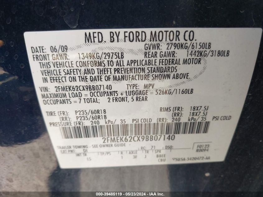 2009 Ford Flex Sel VIN: 2FMEK62CX9BB07140 Lot: 39485119