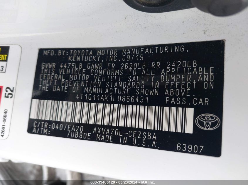 2020 Toyota Camry Se VIN: 4T1G11AK1LU866431 Lot: 39485120