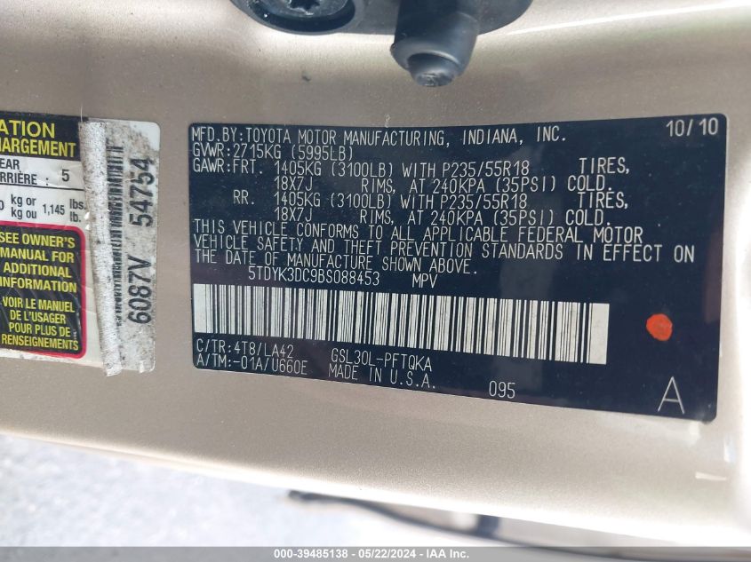 2011 Toyota Sienna Limited V6 VIN: 5TDYK3DC9BS088453 Lot: 39485138